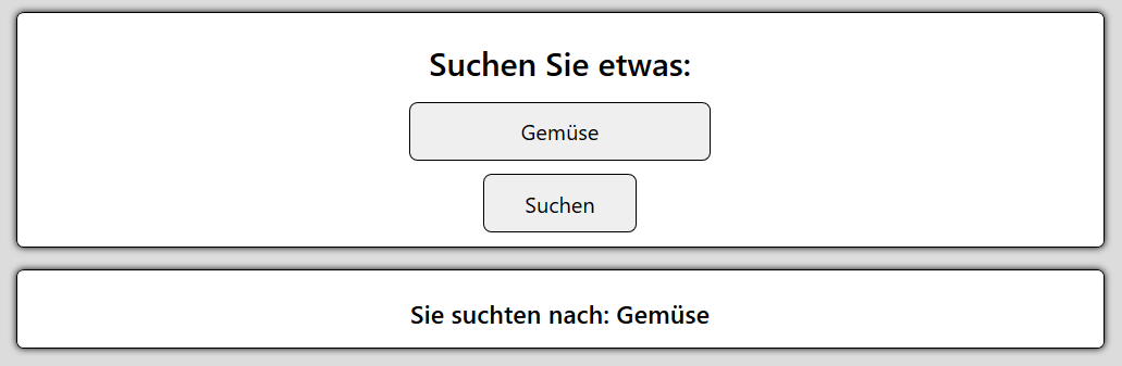 Screenshot einer Webanwendung mit Sucheingabe, die den eingegebenen Suchbegriff ungefiltert auf der Seite ausgibt – verwundbar für Reflected XSS