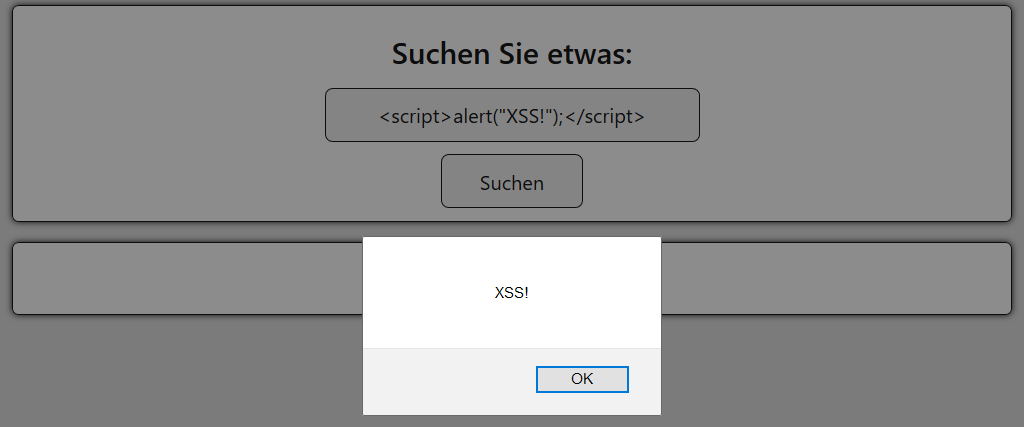 Screenshot der gleichen Seite, auf der durch eine XSS-Payload ein JavaScript-Alert-Dialog ausgelöst wurde